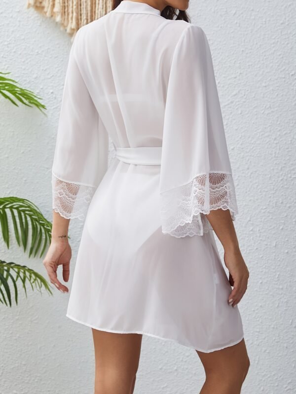 Women'S Luxurious Semi-Sheer Chiffon Loose Pajama With Lace Cuff - Deep V 3/4 Bell Sleeve Bow Decor Asymmetric Hem Comfortable Long Nightgown With Belt - Perfect For Sleeping, Relaxing, And Intimate Moments - Image 3
