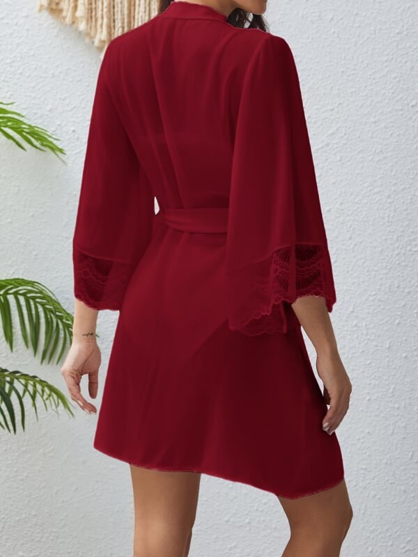 Women'S Luxurious Semi-Sheer Chiffon Loose Pajama With Lace Cuff - Deep V 3/4 Bell Sleeve Bow Decor Asymmetric Hem Comfortable Long Nightgown With Belt - Perfect For Sleeping, Relaxing, And Intimate Moments - Image 12