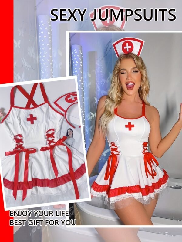 A Dress With Two Accessories, Sexy Bow, Cute, White And Red Mixed Color Lace Stitching, Sexy Underwear Role Play Halloween Little Nurse Set Uniform Temptation, Halloween Party, Night, Color, European Style. - Image 3