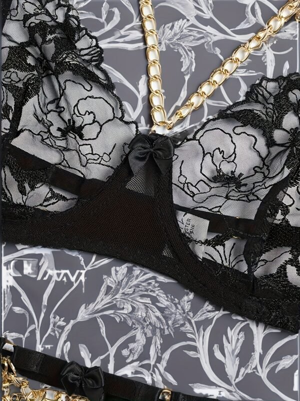 3pcs Floral Lace Mesh Lingerie Set with Chain-open Back Sleeveless Comfortable Elastic Hand Wash Bra, Panties And Lace Straps-sexy Lingerie for Women - Image 3