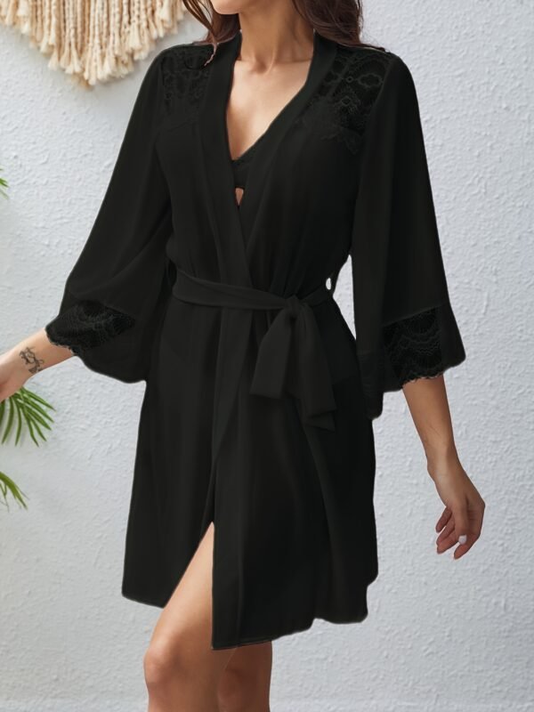 Women'S Luxurious Semi-Sheer Chiffon Loose Pajama With Lace Cuff - Deep V 3/4 Bell Sleeve Bow Decor Asymmetric Hem Comfortable Long Nightgown With Belt - Perfect For Sleeping, Relaxing, And Intimate Moments - Image 6