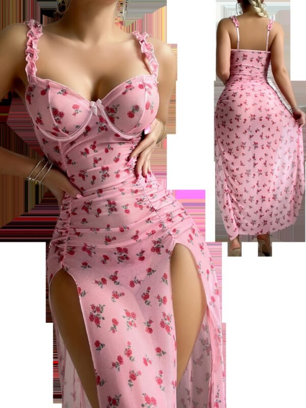 Women'S 2pcs Babydoll Lingerie Set Frill Underwire Floral Lingerie Dress Split Slip Dress With Thongs - Image 5