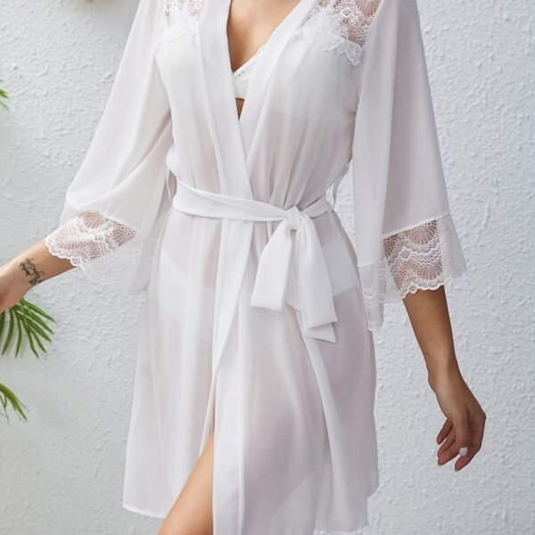 Women'S Luxurious Semi-Sheer Chiffon Loose Pajama With Lace Cuff - Deep V 3/4 Bell Sleeve Bow Decor Asymmetric Hem Comfortable Long Nightgown With Belt - Perfect For Sleeping, Relaxing, And Intimate Moments - Image 16