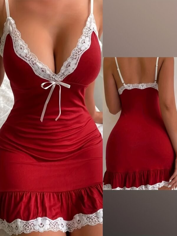 [Satin Nightdress] Elegant Satin Nightdress - Silky Lace Embellished, Adjustable Back Buckle, Plain White Front Bow, V-neck And Side Split - Women's Backless Pajamas Awesome Robe For Valentine's Day And New Year's - Image 4
