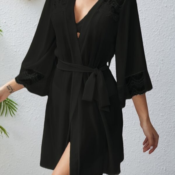 Women'S Luxurious Semi-Sheer Chiffon Loose Pajama With Lace Cuff - Deep V 3/4 Bell Sleeve Bow Decor Asymmetric Hem Comfortable Long Nightgown With Belt - Perfect For Sleeping, Relaxing, And Intimate Moments - Image 17
