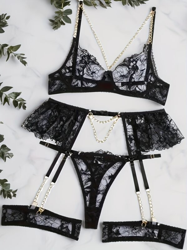 3pcs Floral Lace Mesh Lingerie Set with Chain-open Back Sleeveless Comfortable Elastic Hand Wash Bra, Panties And Lace Straps-sexy Lingerie for Women - Image 4