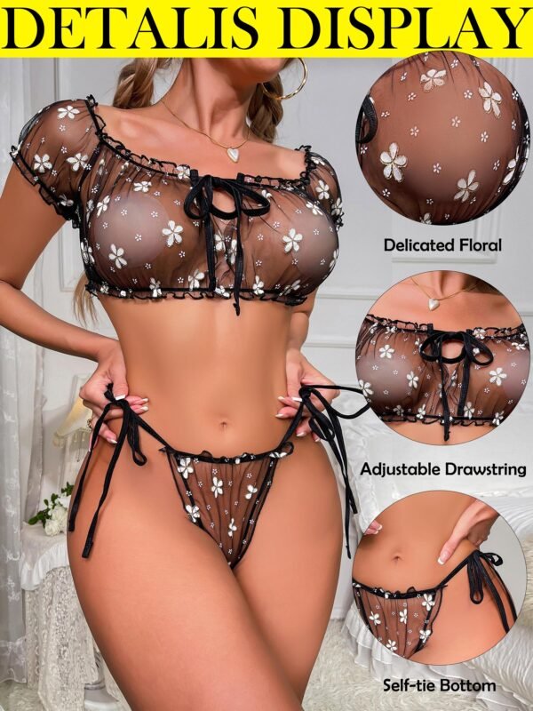 Two Pieces Bra and Panty Set Ruffle Lingerie Set for Women,Mesh See Through Babydoll Chemise - Image 11