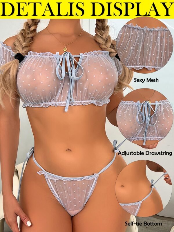 Two Pieces Bra and Panty Set Ruffle Lingerie Set for Women,Mesh See Through Babydoll Chemise - Image 2