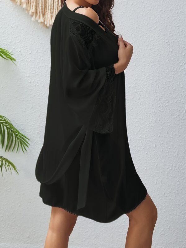 Women'S Luxurious Semi-Sheer Chiffon Loose Pajama With Lace Cuff - Deep V 3/4 Bell Sleeve Bow Decor Asymmetric Hem Comfortable Long Nightgown With Belt - Perfect For Sleeping, Relaxing, And Intimate Moments - Image 9