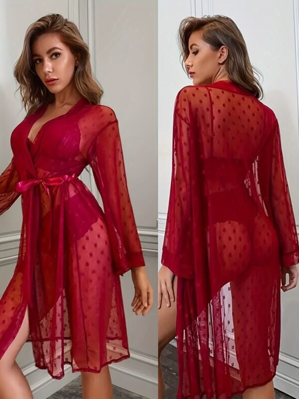 4pcss Set, Independent Station Sexy Gauze See-through Pajamas 4pcss Long Robe Bra Underwear Set, Red Print Design, Sleeve Lace Design, Super Transparent Sexy Robe, Show Your Beauty. Awesome Pajamas For Valentine'S Day And New Year's