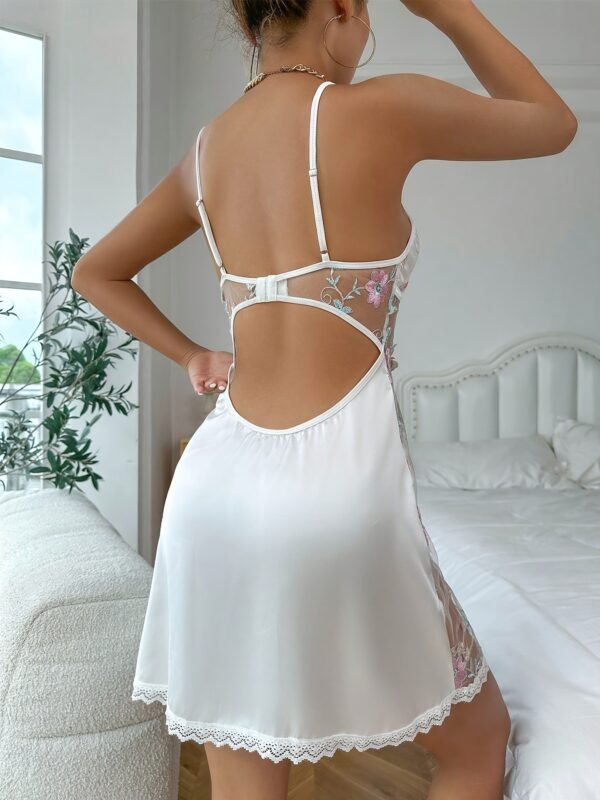 White Butterfly Embroidered Sexy Sleep Skirt Sweet Lace Nightgown See Through Stain Lace Nightdress Lingerie Sleeveless Sexy Underwear Lace See-through Seductive Nightdress Floral Thong Two Sets For Women - Image 2