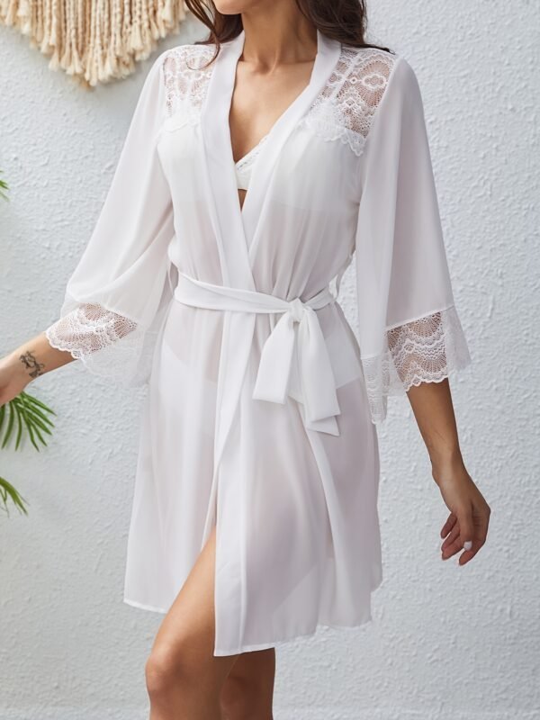 Women'S Luxurious Semi-Sheer Chiffon Loose Pajama With Lace Cuff - Deep V 3/4 Bell Sleeve Bow Decor Asymmetric Hem Comfortable Long Nightgown With Belt - Perfect For Sleeping, Relaxing, And Intimate Moments - Image 2