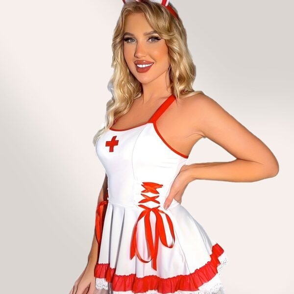 A Dress With Two Accessories, Sexy Bow, Cute, White And Red Mixed Color Lace Stitching, Sexy Underwear Role Play Halloween Little Nurse Set Uniform Temptation, Halloween Party, Night, Color, European Style. - Image 5