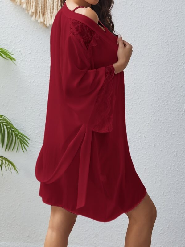 Women'S Luxurious Semi-Sheer Chiffon Loose Pajama With Lace Cuff - Deep V 3/4 Bell Sleeve Bow Decor Asymmetric Hem Comfortable Long Nightgown With Belt - Perfect For Sleeping, Relaxing, And Intimate Moments - Image 14