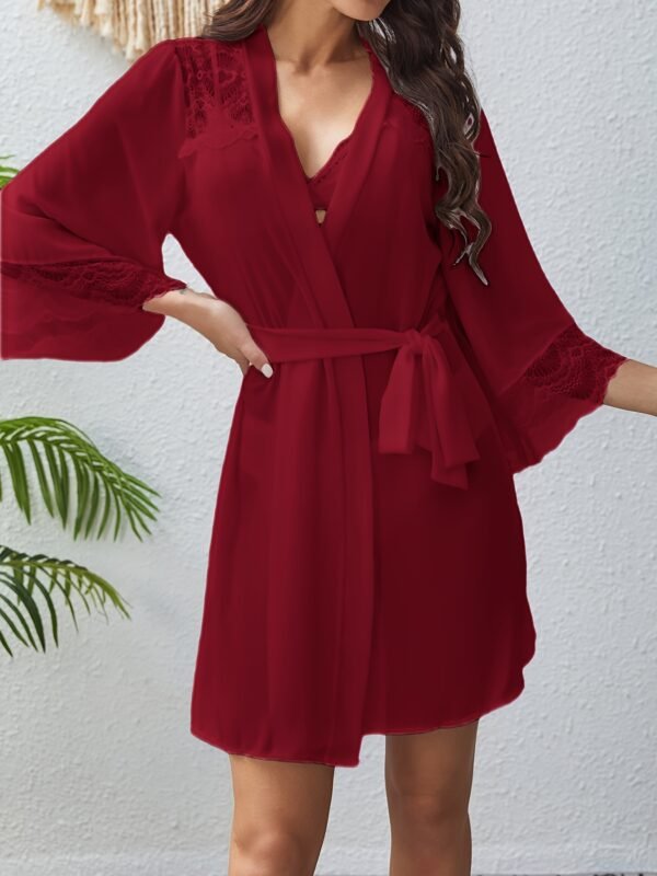 Women'S Luxurious Semi-Sheer Chiffon Loose Pajama With Lace Cuff - Deep V 3/4 Bell Sleeve Bow Decor Asymmetric Hem Comfortable Long Nightgown With Belt - Perfect For Sleeping, Relaxing, And Intimate Moments - Image 13