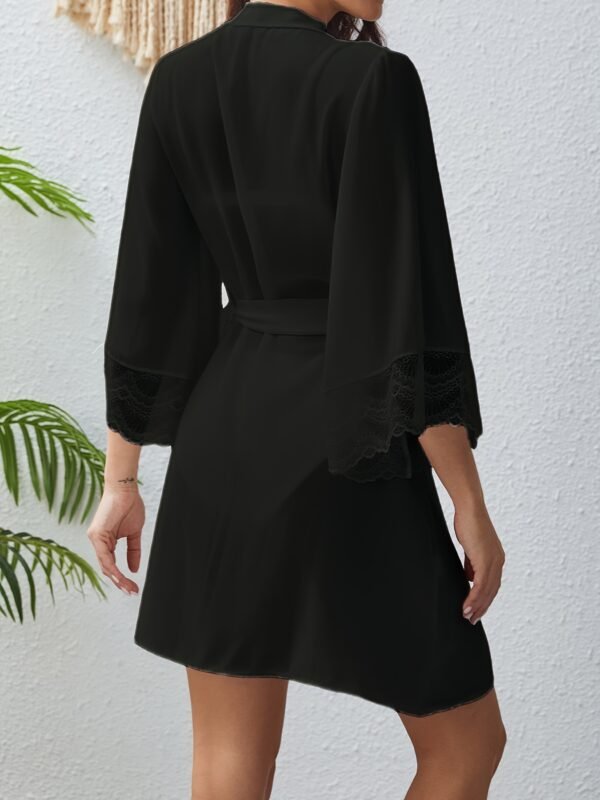Women'S Luxurious Semi-Sheer Chiffon Loose Pajama With Lace Cuff - Deep V 3/4 Bell Sleeve Bow Decor Asymmetric Hem Comfortable Long Nightgown With Belt - Perfect For Sleeping, Relaxing, And Intimate Moments - Image 7