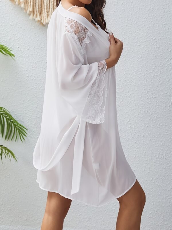 Women'S Luxurious Semi-Sheer Chiffon Loose Pajama With Lace Cuff - Deep V 3/4 Bell Sleeve Bow Decor Asymmetric Hem Comfortable Long Nightgown With Belt - Perfect For Sleeping, Relaxing, And Intimate Moments - Image 4