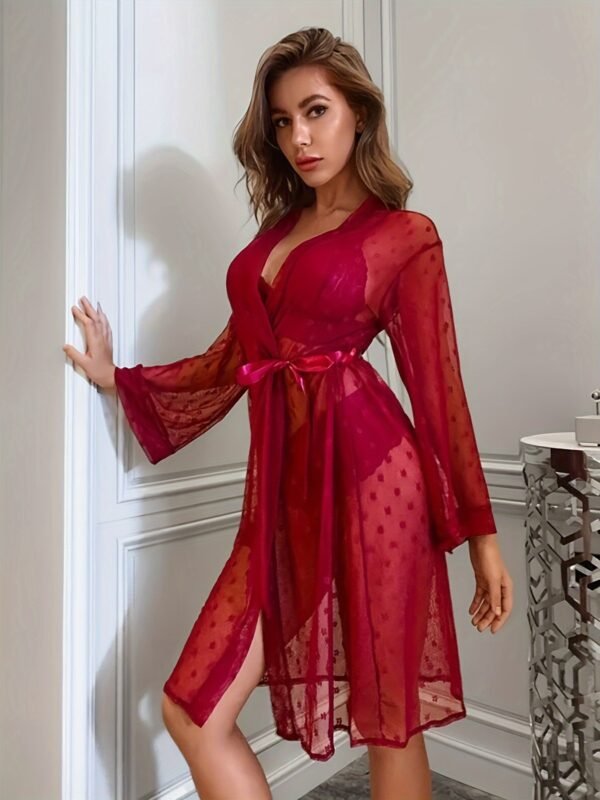 4pcss Set, Independent Station Sexy Gauze See-through Pajamas 4pcss Long Robe Bra Underwear Set, Red Print Design, Sleeve Lace Design, Super Transparent Sexy Robe, Show Your Beauty. Awesome Pajamas For Valentine'S Day And New Year's - Image 2
