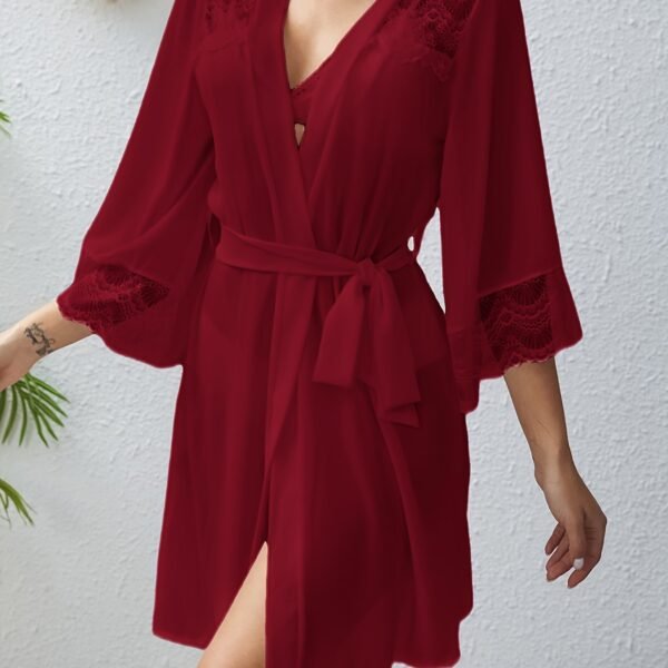 Women'S Luxurious Semi-Sheer Chiffon Loose Pajama With Lace Cuff - Deep V 3/4 Bell Sleeve Bow Decor Asymmetric Hem Comfortable Long Nightgown With Belt - Perfect For Sleeping, Relaxing, And Intimate Moments - Image 18