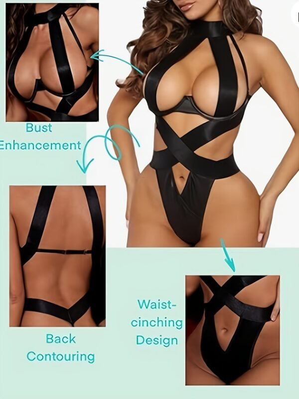 Black Patent Leather Women'S Onesie, Sexy Underwear Sexy Women'S Patent Leather Hollow Splicing Onesie, Sexy, Stretch, Adjustable Shoulder Strap And Hook Eye Buckle, Body Curves, Sexy Onesie Awesome Pajamas For Valentine'S Day And New Year's - Image 3