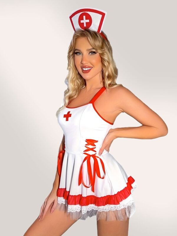 A Dress With Two Accessories, Sexy Bow, Cute, White And Red Mixed Color Lace Stitching, Sexy Underwear Role Play Halloween Little Nurse Set Uniform Temptation, Halloween Party, Night, Color, European Style.
